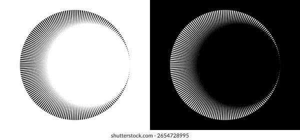 Lines in circle like art sun background. Tattoo template or icon, logo with lines. Black shape on a white background and the same white shape on the black side.