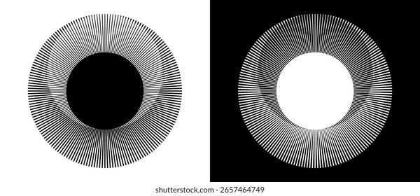Lines in circle like art sun background. Tattoo template or icon, logo with lines. Black shape on a white background and the same white shape on the black side.