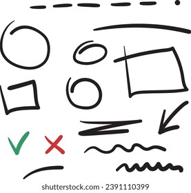 Líneas, círculos y flechas estilo dibujado a mano. Esbozo vectorial.