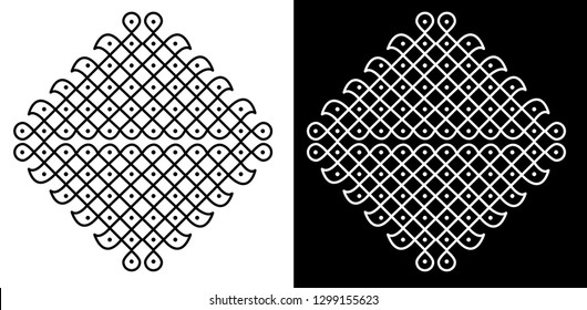 Lines, circles and Dots - Indian Traditional and Cultural Rangoli, Alpona, Kolam or Paisley Vector Line art with Dark and White Background