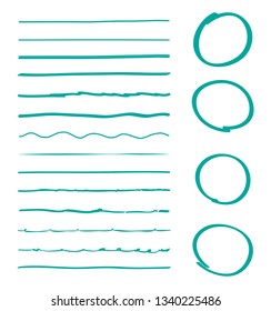 Lines and circles hand drawn vector set isolated on white background. Collection of green doodle lines and circles, hand drawn template. Creative art concept, vector illustration 