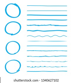 Lines and circles hand drawn vector set isolated on white background. Collection of blue doodle lines and circles, hand drawn template. Creative art concept, vector illustration 