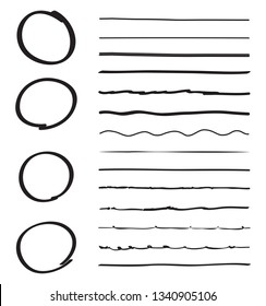 Lines and circles hand drawn vector set isolated on white background. Collection of red doodle lines and circles, hand drawn template. Creative art concept, vector illustration 