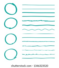 Lines and circles hand drawn vector set isolated on white background. Collection of green doodle lines and circles, hand drawn template. Creative art concept, vector illustration 