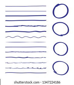 Lines and circles hand drawn vector set isolated on white background. Collection of blue doodle lines and circles, hand drawn template. Creative art concept, vector illustration 