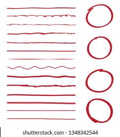 Lines and circles hand drawn vector set isolated on white background. Collection of red doodle lines and circles, hand drawn template. Creative art concept, vector illustration 