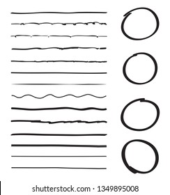 Lines and circles hand drawn vector set isolated on white background. Collection of red doodle lines and circles, hand drawn template. Creative art concept, vector illustration 