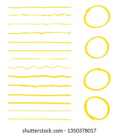 Lines and circles hand drawn vector set isolated on white background. Collection of yellow doodle lines and circles, hand drawn template. Creative art concept, vector illustration 