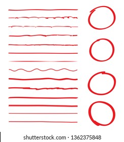Lines and circles hand drawn vector set isolated on white background. Collection of red doodle lines and circles, hand drawn template. Creative art concept, vector illustration 