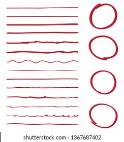 Lines and circles hand drawn vector set isolated on white background. Collection of red doodle lines and circles, hand drawn template. Creative art concept, vector illustration 