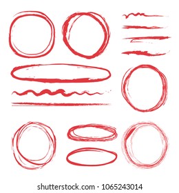 Lines and circles to highlight. Vector illustrations set of sketch highlighter, highlight red marker
