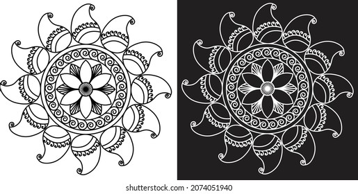 Lines, Circles and Spirals - Indian Traditional and cultural Mandala design concept of Rangoli, Alpona, Kolam or Paisley vector line art with dark and white background