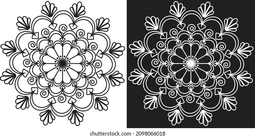 Lines, Circles and Spirals - Indian Traditional and cultural Mandala design concept of Rangoli, Alpona, Kolam or Paisley vector line art with dark and white background
