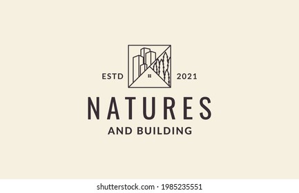 lines city building with trees hipster logo symbol vector icon illustration graphic design