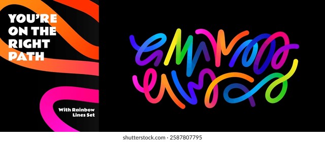 Lines with Color Gradient on a Black Background. Abstract Pattern of 3D Wavy Shapes. Vector Graphic of Rainbow Ribbons