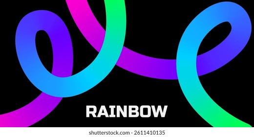 Lines with Color Gradient on a Black Background. Abstract Pattern of 3D Wavy Shapes. Vector Graphic of Rainbow Ribbons