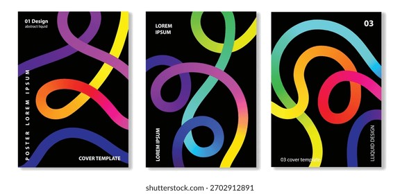 Líneas con degradado de color sobre fondo negro. Abstractas patrón de neón de Formas onduladas 3D. Vector Gráfico de cintas de arco iris para cubiertas, carteles y Anuncios conjunto