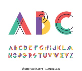 Lines and colorful blocks' english font, graphical decorative alphabet. 