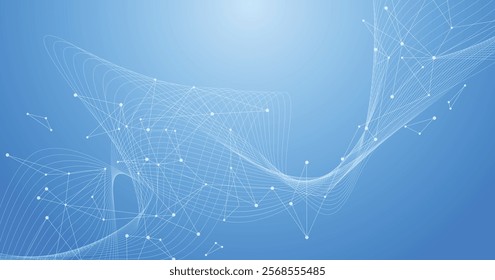 Lines connected to dots on blue background. Internet network connection design for website, communication, science, Digital futuristic Earth minimalist background.background