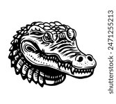 The lines of a crocodile open its mouth to reveal fangs.Vector illustration isolated on white.Cute design for t shirt print, icon, logo, label, patch or sticker.