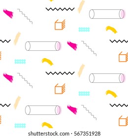 Lines and cylinders 90s seamless vector pattern. Abstract shapes, color blocks and elements in eighties fashion style. Geometry lines on white.