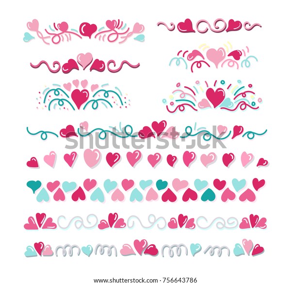 Lines and decorative elements made of\
handdrawn hearts with loops ans spirals. For brushes, valentine and\
wedding decorative elements, dividers, cards. Pink and mint colors.\
Vector illustration.