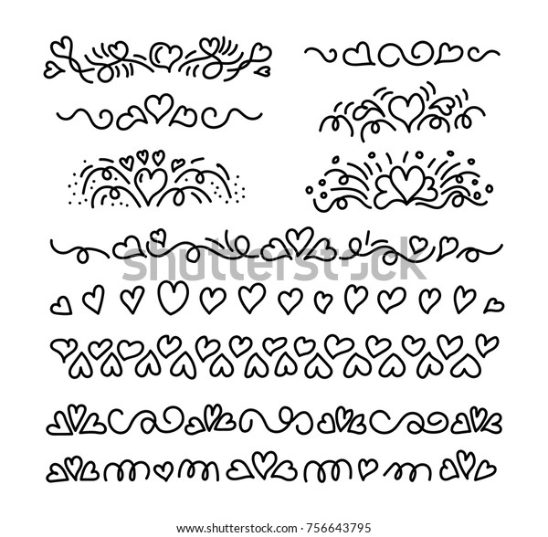Lines and decorative elements made of\
handdrawn hearts with loops ans spirals. For brushes, valentine and\
wedding decorative elements, dividing lines, cards. Black and white\
vector illustration.