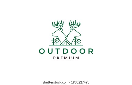lines deer with tree pine and camp tent logo symbol vector icon illustration graphic design