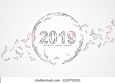 Lines and dot connected to celebrate happy new year 2019. Science fiction scene technology background template. Futuristic vector illustration concept.