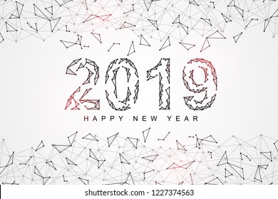Lines and dot connected to celebrate happy new year 2019. Science fiction scene technology background template. Futuristic vector illustration concept.