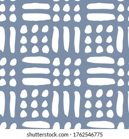 Lines and dots checks seamless vector pattern. Checks created with simple line and dots brush strokes in white on grey background. 