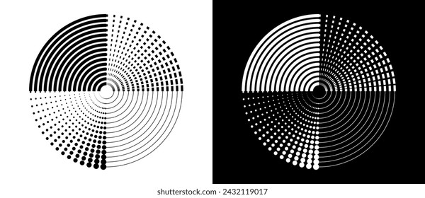 Lines and dots in circle abstract background. Dynamic transition illusion. Black shape on a white background and the same white shape on the black side.