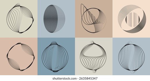 Lines and dots in Circle Form .Rotate rounded shape Vector Illustration .Rotating dots form a circle .Rotating design element . Various lines forming round shape . Abstract Geometric line art .
