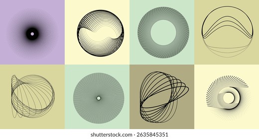 Lines and dots in Circle Form .Rotate rounded shape Vector Illustration .Rotating dots form a circle .Rotating design element . Various lines forming round shape . Abstract Geometric line art .
