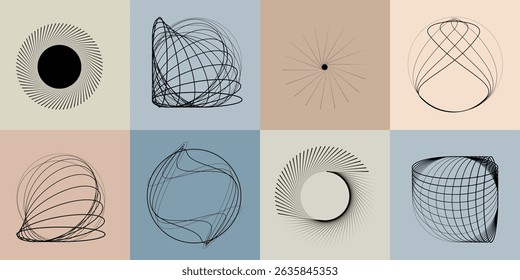 Lines and dots in Circle Form .Rotate rounded shape Vector Illustration .Rotating dots form a circle .Rotating design element . Various lines forming round shape . Abstract Geometric line art .

