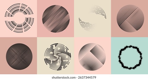 Lines and dots in Circle Form .Rotate rounded shape Vector Illustration .Rotating dots form a circle .Rotating design element . Various lines forming round shape . Abstract Geometric line art .