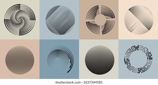 Lines and dots in Circle Form .Rotate rounded shape Vector Illustration .Rotating dots form a circle .Rotating design element . Various lines forming round shape . Abstract Geometric line art .