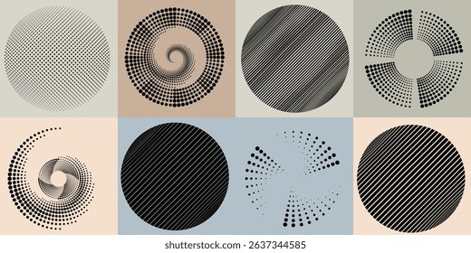 Lines and dots in Circle Form .Rotate rounded shape Vector Illustration .Rotating dots form a circle .Rotating design element . Various lines forming round shape . Abstract Geometric line art .