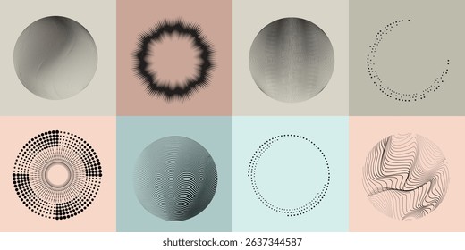 Lines and dots in Circle Form .Rotate rounded shape Vector Illustration .Rotating dots form a circle .Rotating design element . Various lines forming round shape . Abstract Geometric line art .