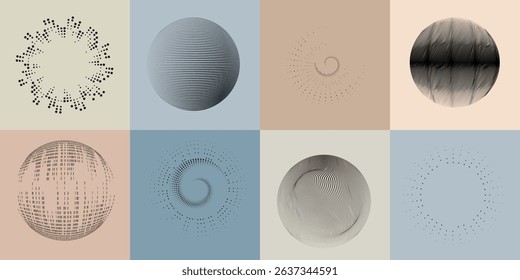 Lines and dots in Circle Form .Rotate rounded shape Vector Illustration .Rotating dots form a circle .Rotating design element . Various lines forming round shape . Abstract Geometric line art .