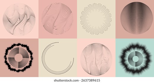 Lines and dots in Circle Form .Rotate rounded shape Vector Illustration .Rotating dots form a circle .Rotating design element . Various lines forming round shape . Abstract Geometric line art .