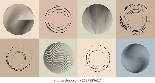 Lines and dots in Circle Form .Rotate rounded shape Vector Illustration .Rotating dots form a circle .Rotating design element . Various lines forming round shape . Abstract Geometric line art .