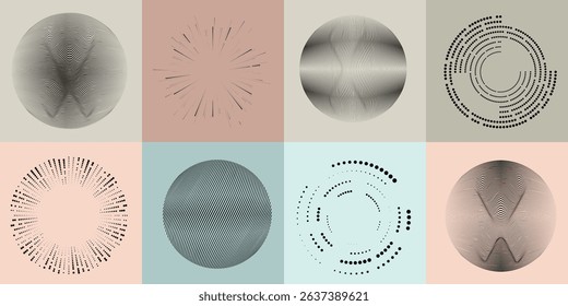 Lines and dots in Circle Form .Rotate rounded shape Vector Illustration .Rotating dots form a circle .Rotating design element . Various lines forming round shape . Abstract Geometric line art .