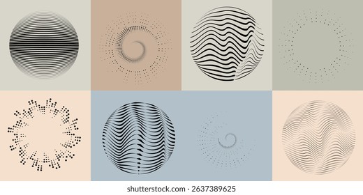 Lines and dots in Circle Form .Rotate rounded shape Vector Illustration .Rotating dots form a circle .Rotating design element . Various lines forming round shape . Abstract Geometric line art .