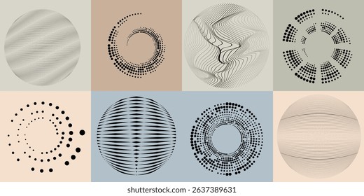 Lines and dots in Circle Form .Rotate rounded shape Vector Illustration .Rotating dots form a circle .Rotating design element . Various lines forming round shape . Abstract Geometric line art .
