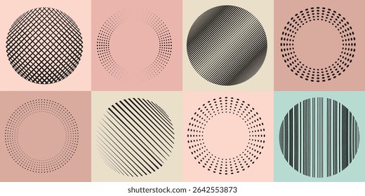 Lines and dots in Circle Form .Rotate rounded shape Vector Illustration .Rotating dots form a circle .Rotating design element . Various lines forming round shape . Abstract Geometric line art .