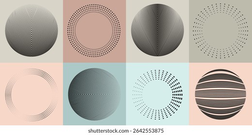 Lines and dots in Circle Form .Rotate rounded shape Vector Illustration .Rotating dots form a circle .Rotating design element . Various lines forming round shape . Abstract Geometric line art .