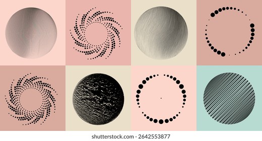 Lines and dots in Circle Form .Rotate rounded shape Vector Illustration .Rotating dots form a circle .Rotating design element . Various lines forming round shape . Abstract Geometric line art .