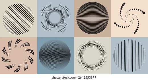Lines and dots in Circle Form .Rotate rounded shape Vector Illustration .Rotating dots form a circle .Rotating design element . Various lines forming round shape . Abstract Geometric line art .