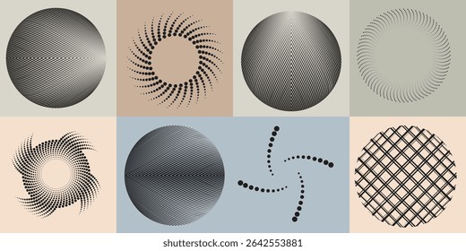 Lines and dots in Circle Form .Rotate rounded shape Vector Illustration .Rotating dots form a circle .Rotating design element . Various lines forming round shape . Abstract Geometric line art .